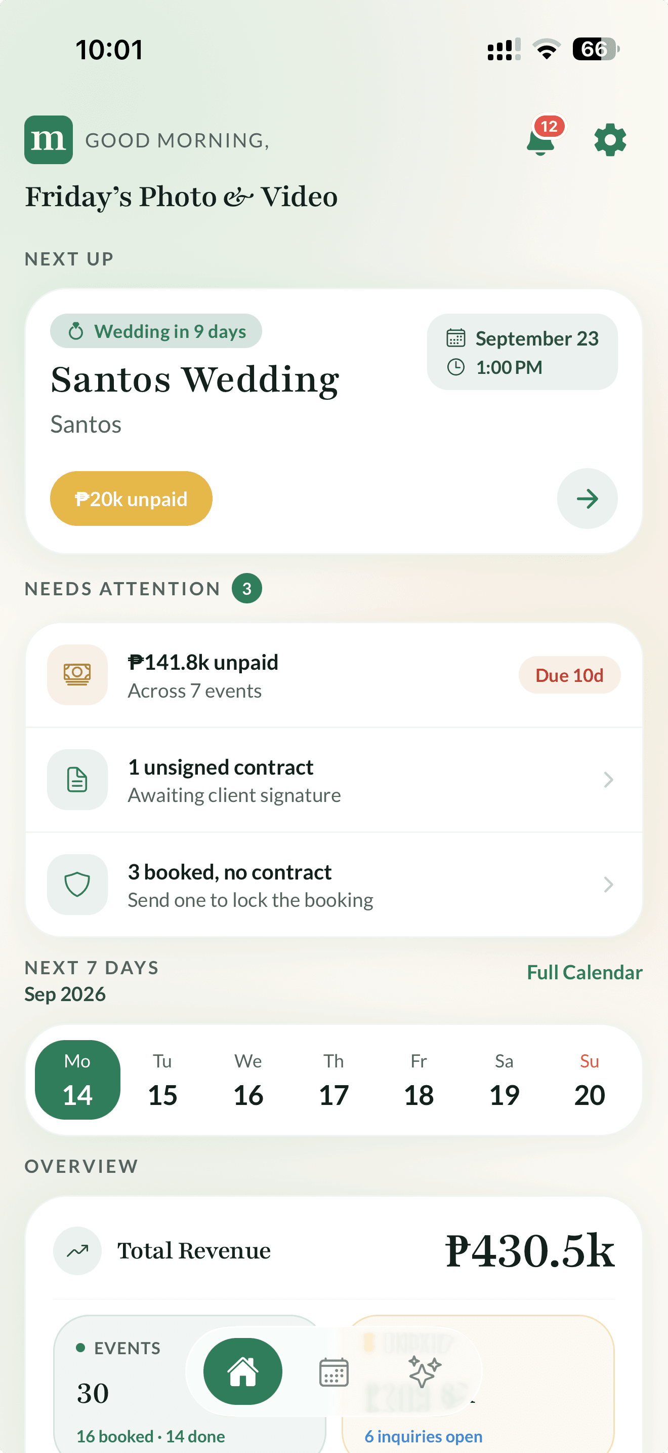 Momento home — Next Up wedding, what needs attention, this week, and total revenue