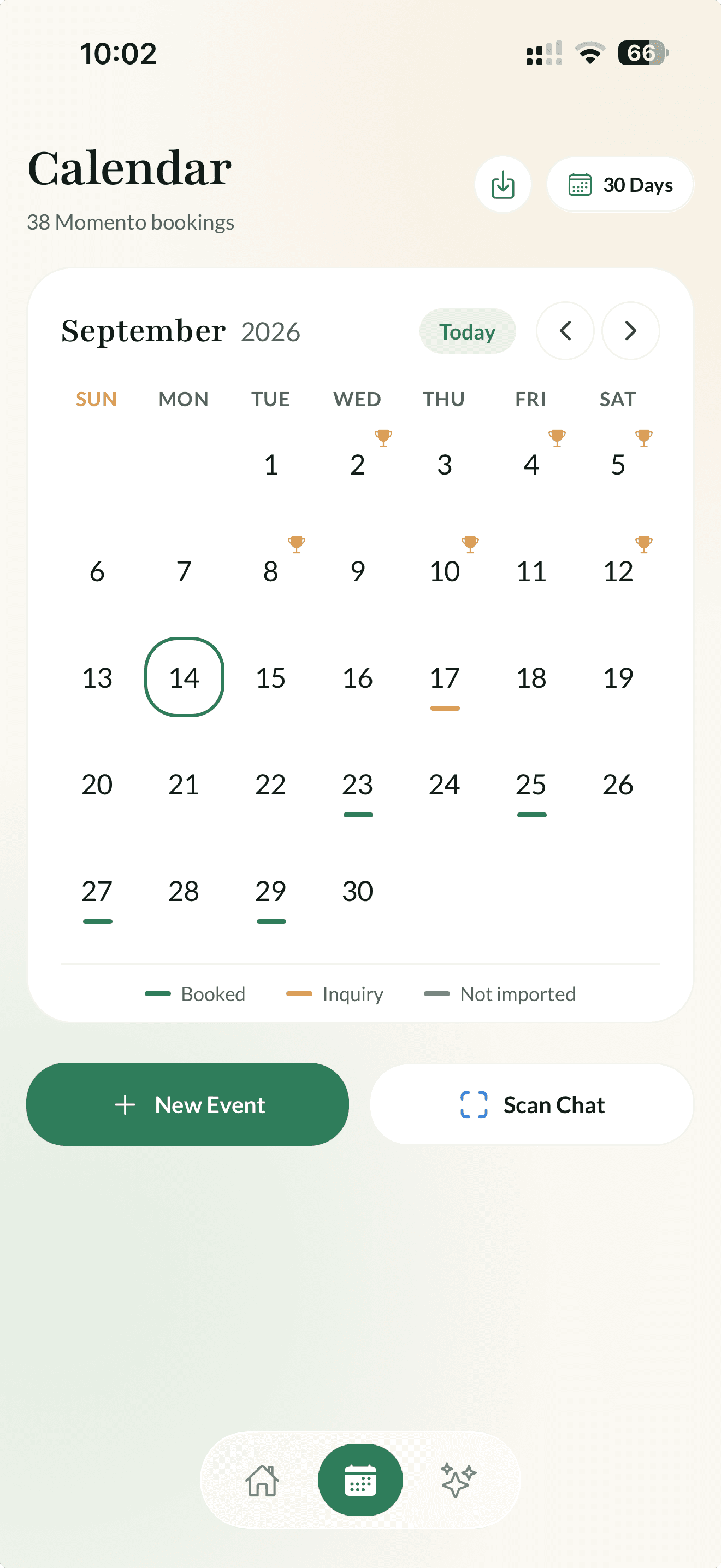 Momento calendar — September with completed-event trophies, booked and inquiry dates